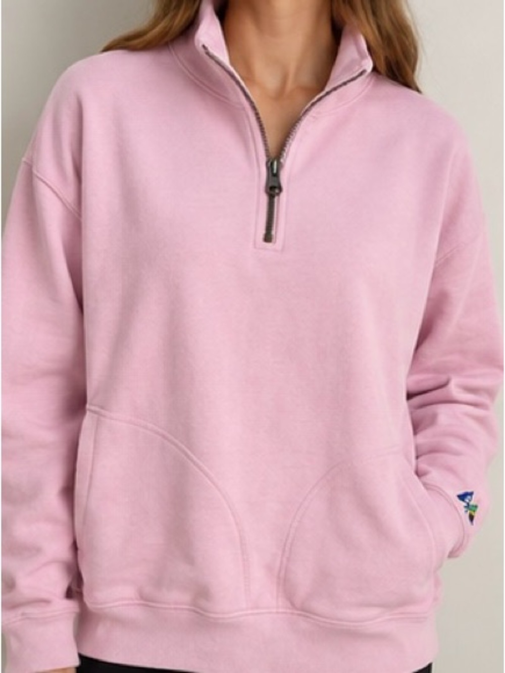 J.Crew NWT Pink Quarter Zip Sweatshirt 100% Cotton Embroidered Butterfly L